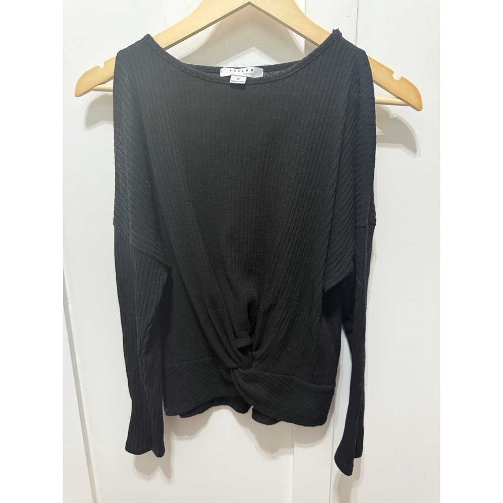 Fauvlux Small Cold Shoulder Tie Front Long Sleeve Shirt  Black Elevated Basic